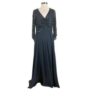 JKara Beaded Chiffon Long Sleeve A-Line Evening Gown Gray Size 8 Formal Dress